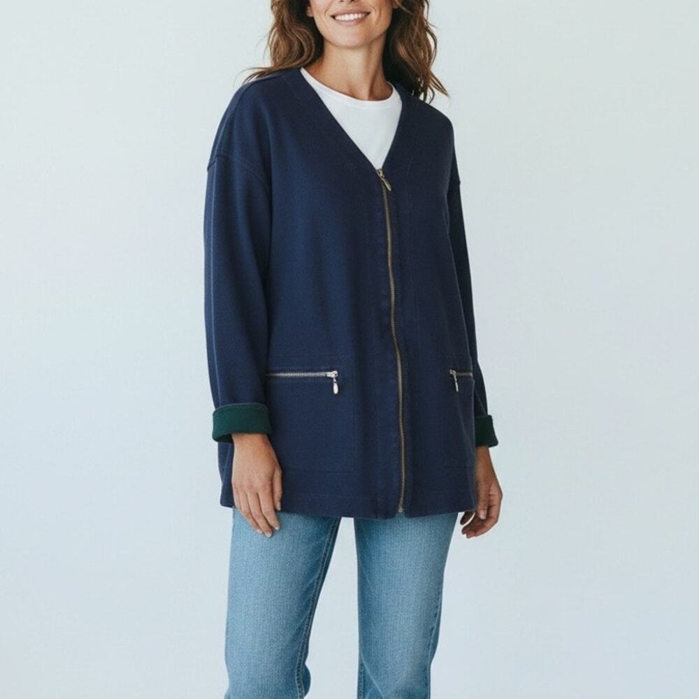 Talbots Navy Blue Full Zip Cotton Sweatshirt Jacket Forest Green Cuffs Medium